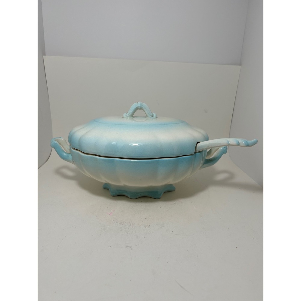Vintage Scalloped Ceramic Soup Tureen with Lid and Ladle Blue White Ombre 11.5in